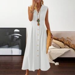 Women's Cotton Linen Dress Casual Dress Swing Dress Midi Dress Black White Yellow Sleeveless Pure Color Button Summer Spring Shirt Collar Fashion Vacation Loose Fit 2023 S M L XL XXL 3XL -HAYz Clothing Shop fbjdqp1649243397064