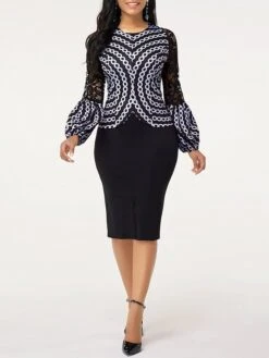 Women's Dress Set Two Piece Dress Skirt Set Knee Length Dress Black Long Sleeve Geometric Split Fall Winter Autumn Crew Neck Elegant Winter Dress Fall Dress Slim 2023 S M L XL 2XL 3XL 4XL 5XL