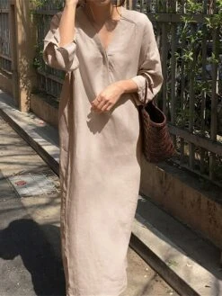 Women's Casual Dress Cotton Linen Dress Shift Dress Maxi Long Dress Linen / Cotton Blend Fashion Modern Outdoor Daily Vacation V Neck Button Long Sleeve Fall Winter Autumn 2023 Loose Fit Black Yellow