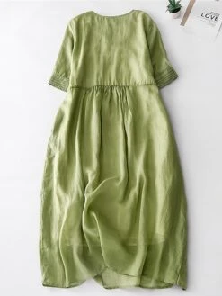 Women's Casual Dress Cotton Linen Dress Midi Dress Linen Basic Classic Outdoor Daily Vacation V Neck Pocket Half Sleeve Fall Autumn 2023 Loose Fit White Navy Blue Purple Plain M L XL 2XL -HAYz Clothing Shop fbtfxh1693202601111