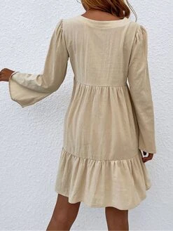 Women's Casual Dress Cotton Linen Dress Mini Dress Linen / Cotton Blend Basic Classic Outdoor Daily Vacation Split Neck Ruffle Button Long Sleeve Fall Winter Autumn 2023 Loose Fit Apricot Plain S M L -HAYz Clothing Shop fbyqcc1695014843816
