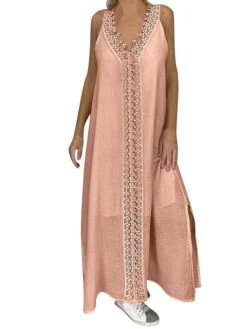 Women's Casual Dress Cotton Linen Dress White Dress Maxi Long Dress Polyester Lace Fashion Daily Weekend V Neck Lace Split Sleeveless Summer 2023 Loose Fit Lake Blue Black White Plain S M L XL 2XL -HAYz Clothing Shop fcckrc1686105102853