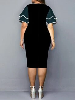 Women‘s Plus Size Curve Work Dress Bodycon Sheath Dress Color Block Midi Dress Half Sleeve Ruffle Crew Neck Fashion Outdoor Wine Red Fall Spring XL XXL 3XL 4XL 5XL -HAYz Clothing Shop fcejwb1673251733764