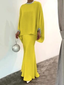 Women's Two Piece Dress Set Casual Dress Skirt Set Daily Going Out Elegant Modern Ruffle Long Dress Maxi Dress Stand Collar Long Sleeve Plain Regular Fit Silver Black White Fall Winter S M L XL XXL