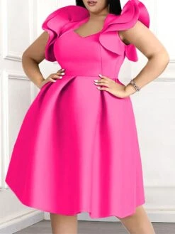 Women's Plus Size Curve Party Dress Swing Dress A Line Dress Plain Midi Dress Short Sleeve Ruffle Square Neck Fashion Party Fuchsia Khaki Fall Winter XL XXL 3XL 4XL -HAYz Clothing Shop fcfvaf1694151485326