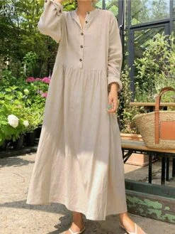 Women's Casual Dress Cotton Linen Dress Swing Dress Maxi Long Dress Linen Basic Classic Outdoor Daily Vacation V Neck Ruched Button Long Sleeve Summer Spring Fall 2023 Loose Fit Black Wine Apricot