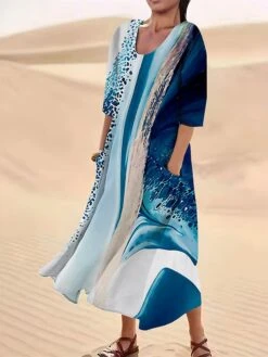 Women's Casual Dress Cotton Linen Dress Midi Dress Polyester Fashion Casual Daily Outdoor Daily Vacation Crew Neck Pocket Print Half Sleeve Summer Spring Fall 2023 Loose Fit Yellow Dark Pink Navy Blue