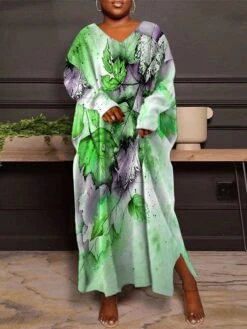 Women's Plus Size Curve Casual Dress Winter Dress Leaf Long Dress Maxi Dress Long Sleeve Print V Neck Fashion Outdoor Blue Purple Fall Winter L XL XXL 3XL 4XL -HAYz Clothing Shop fdoaau1695360876573