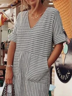 Women's Casual Dress Cotton Linen Dress Midi Dress Cotton Blend Fashion Modern Outdoor Daily V Neck Pocket Rolled Cuff Half Sleeve Summer Spring Fall 2023 Loose Fit Gray Striped S M L XL 2XL -HAYz Clothing Shop fdooec1682566815944