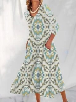 Women's Casual Dress Cotton Linen Dress Swing Dress Maxi Long Dress Polyester Fashion Casual Daily Outdoor Daily Vacation V Neck Split Print Long Sleeve Summer Spring Fall 2023 Loose Fit White Navy -HAYz Clothing Shop fdsevh1690539145552