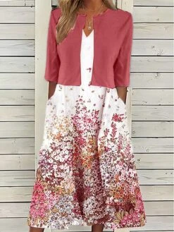 Women's Two Piece Dress Set Casual Dress Print Dress Outdoor Daily Active Modern Pocket Print Midi Dress V Neck Half Sleeve Floral Regular Fit White Red Green Summer Spring S M L XL XXL