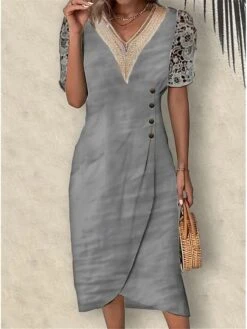 Women's Casual Dress Cotton Linen Dress Shift Dress Maxi Long Dress Cotton Blend Fashion Modern Outdoor Office Daily V Neck Lace Patchwork Short Sleeve Summer Spring 2023 Loose Fit Black White Dark -HAYz Clothing Shop fdwmnn1684985806448