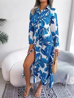 Women's Shirt Dress Casual Dress Midi Dress Outdoor Daily Vacation Polyester Classic Casual Shirt Collar Button Print Long Sleeve Summer Spring Fall 2023 Regular Fit Blue Purple Orange Flower S M L -HAYz Clothing Shop fdxayk1688536830327
