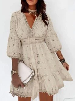 Women's Casual Dress Cotton Dress A Line Dress Mini Dress Cotton Fashion Modern Outdoor Daily Vacation V Neck Ruffle Embroidered 3/4 Length Sleeve Summer Spring Fall 2023 Regular Fit White Apricot -HAYz Clothing Shop fdxmih1689837021930