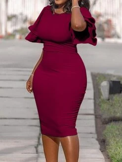 Women‘s Plus Size Curve Work Dress Bodycon Sheath Dress Solid Color Midi Dress Short Sleeve Ruffle Crew Neck Fashion Office Black White Summer Spring XL XXL 3XL 4XL 5XL -HAYz Clothing Shop fecakx1677650839762