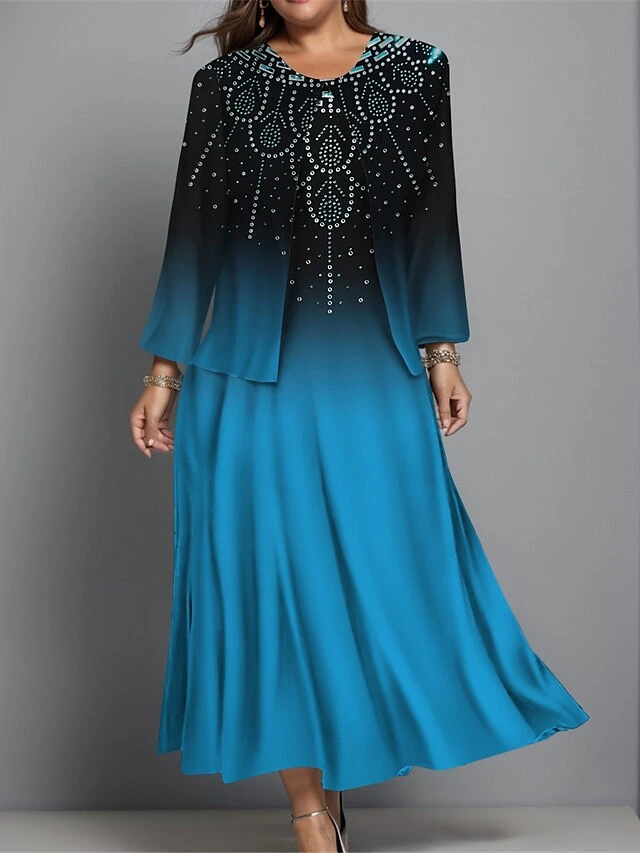 Women's Plus Size Two Piece Dress Set Casual Dress Swing Dress Outdoor Office Fashion Streetwear Print Midi Dress Crew Neck Long Sleeve Geometric Ombre Regular Fit Blue Purple Green Fall Winter L XL 2 Women's Plus Size Two Piece Dress Set Casual Dress Swing Dress Outdoor Office Fashion Streetwear Print Midi Dress Crew Neck Long Sleeve Geometric Ombre Regular Fit Blue Purple Green Fall Winter L XL - Image 2