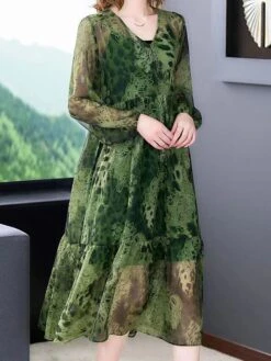 Women's Two Piece Dress Set Casual Dress Shift Dress Daily Going Out Streetwear Casual Print Midi Dress V Neck 3/4 Length Sleeve Leopard Loose Fit Green Fall M L XL XXL 3XL -HAYz Clothing Shop fegaeo1695106203956