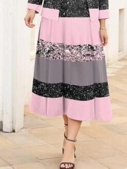 Women's Plus Size Curve Casual Dress Dress Set Two Piece Dress Stripe Midi Dress Long Sleeve Print Crew Neck Fashion Outdoor Pink Fall Winter L XL XXL 3XL 4XL -HAYz Clothing Shop feicvc1697778364410