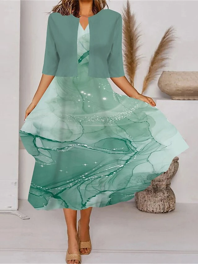 Women's Two Piece Dress Set Casual Dress Tank Dress Outdoor Daily Fashion Streetwear Pocket Print Midi Dress V Neck 3/4 Length Sleeve Geometric Color Block Regular Fit Black White Blue Spring Fall S 5 Women's Two Piece Dress Set Casual Dress Tank Dress Outdoor Daily Fashion Streetwear Pocket Print Midi Dress V Neck 3/4 Length Sleeve Geometric Color Block Regular Fit Black White Blue Spring Fall S - Image 5