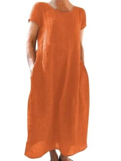 Women's Casual Dress Cotton Linen Dress Shift Dress Maxi Long Dress Cotton Blend Basic Casual Outdoor Daily Vacation Crew Neck Pocket Short Sleeve Summer Spring 2023 Loose Fit Black White Yellow Plain -HAYz Clothing Shop feuonu1673606395988