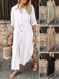 Women's Shirt Dress Casual Dress Cotton Linen Dress Maxi Long Dress Linen Cotton Blend Basic Classic Outdoor Daily Vacation Shirt Collar Pocket Split 3/4 Length Sleeve Summer Spring Fall 2023 Loose -HAYz Clothing Shop fexyrq1689651625483