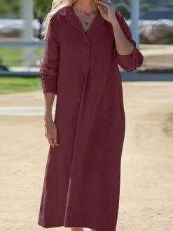 Women's Shirt Dress Casual Dress Cotton Linen Dress Maxi Long Dress Cotton Basic Classic Outdoor Daily Vacation Shirt Collar Button Split Long Sleeve Summer Spring Fall 2023 Loose Fit Wine Navy Blue -HAYz Clothing Shop ffceqf1690882984743
