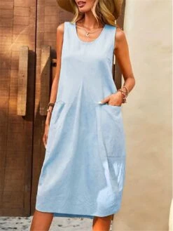 Women's Casual Dress Cotton Linen Dress Tank Dress Midi Dress Cotton Blend Basic Classic Outdoor Daily U Neck Pocket Sleeveless Summer Spring 2023 Loose Fit Navy Blue Blue Brown Plain S M L XL 2XL -HAYz Clothing Shop fffjfs1688457109158