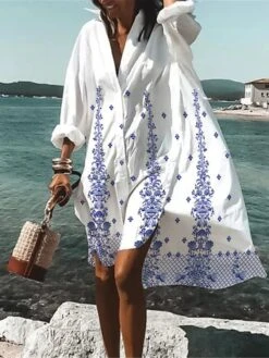 Women's Shirt Dress Casual Dress Swing Dress Button Print Long Sleeve Mini Dress Outdoor Daily Vacation Polyester Fashion Casual Shirt Collar Summer Dress Spring Fall 2023 Loose Fit White Red Purple -HAYz Clothing Shop fflmcs1682576181633