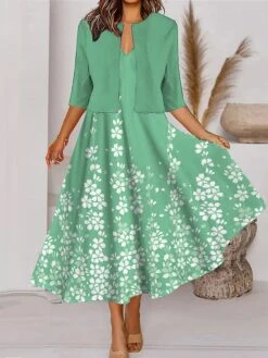 Women's Two Piece Dress Set Casual Dress Tank Dress Outdoor Daily Fashion Streetwear Pocket Print Midi Dress V Neck 3/4 Length Sleeve Floral Ombre Regular Fit Light Green Royal Blue Blue Spring Fall -HAYz Clothing Shop ffxuzn1690860842413