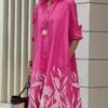 Women's Shirt Dress Casual Dress Maxi Long Dress Office Daily Date Polyester Fashion Modern Shirt Collar Patchwork Print 3/4 Length Sleeve Summer Spring Fall 2023 Regular Fit Pink Orange Leaf Color