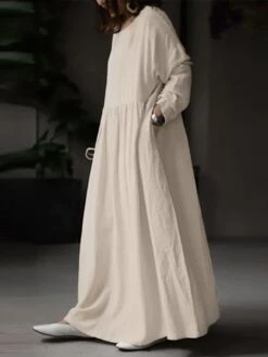 Women's Cotton Linen Dress Casual Dress Maxi Long Dress Linen Boho Casual Winter Dress Daily Holiday Crew Neck Patchwork Long Sleeve Summer Spring Fall Linen Loose Fit Black White Khaki Pure Color S -HAYz Clothing Shop fgkjuh1676450222341