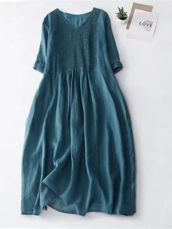 Women's Casual Dress Cotton Linen Dress Midi Dress Linen Basic Classic Outdoor Daily Vacation V Neck Pocket Half Sleeve Fall Autumn 2023 Loose Fit White Navy Blue Purple Plain M L XL 2XL -HAYz Clothing Shop fgyjfm1693202597527