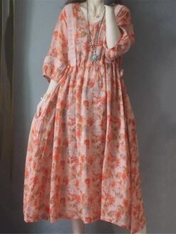 Women's Casual Dress Cotton Linen Dress Swing Dress Midi Dress Polyester Daily Casual Outdoor Daily Vacation Crew Neck Print 3/4 Length Sleeve Fall Autumn 2023 Loose Fit Orange Floral M L XL 2XL -HAYz Clothing Shop fhaafi1693226490693