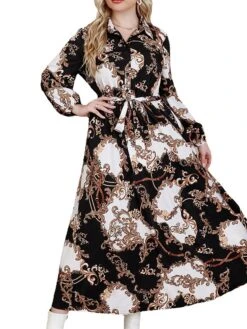 Women's Plus Size Curve Work Dress Swing Dress Semi Formal Dress Fashion Midi Dress Lace Up Button Shirt Collar Long Sleeve Floral Loose Fit Black Fall Winter L XL XXL 3XL 4XL -HAYz Clothing Shop fherch1693300628757