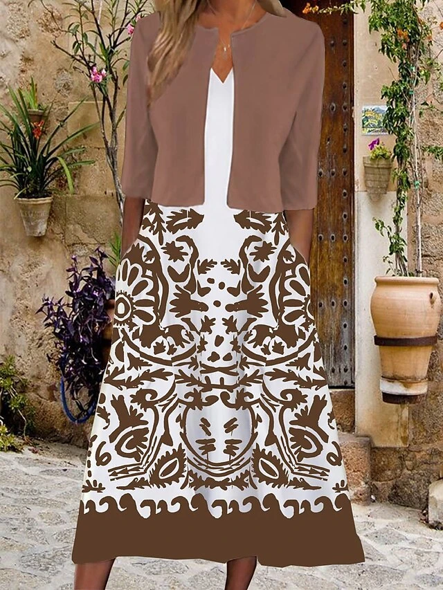 Women's Two Piece Dress Set Casual Dress Tank Dress Outdoor Daily Vintage Ethnic Pocket Print Midi Dress V Neck 3/4 Length Sleeve Floral Print Loose Fit Black White Pink Summer Spring S M L XL XXL 1 Women's Two Piece Dress Set Casual Dress Tank Dress Outdoor Daily Vintage Ethnic Pocket Print Midi Dress V Neck 3/4 Length Sleeve Floral Print Loose Fit Black White Pink Summer Spring S M L XL XXL