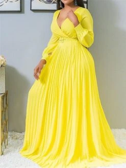 Women‘s Plus Size Curve Party Dress Swing Dress A Line Dress Solid Color Long Dress Maxi Dress Long Sleeve Pleated V Neck Elegant Party Black Yellow Fall Spring L XL XXL 3XL 4XL -HAYz Clothing Shop fhubli1675151838144