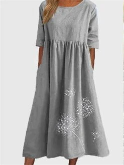 Women's Casual Dress Cotton Linen Dress Swing Dress Midi Dress Cotton Blend Basic Casual Outdoor Daily Vacation Crew Neck Ruched Pocket Half Sleeve Summer Spring Fall 2023 Loose Fit ArmyGreen Black -HAYz Clothing Shop fhuqlj1678263980229