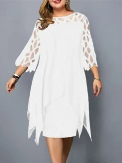 Women‘s Plus Size Curve Work Dress Sheath Dress Color Block Midi Dress 3/4 Length Sleeve Lace Patchwork Crew Neck Fashion Outdoor White Red Summer Spring L XL XXL 3XL 4XL -HAYz Clothing Shop fhxmiz1677043560079