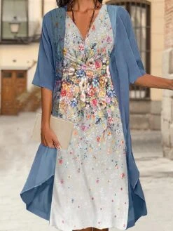 Women's Two Piece Dress Set Casual Dress Chiffon Dress Outdoor Daily Fashion Streetwear Knot Front Print Midi Dress V Neck 3/4 Length Sleeve Floral Regular Fit White Blue Gray Fall Winter S M L XL XXL