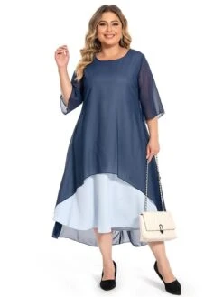 Women‘s Plus Size Curve Casual Dress Work Dress Chiffon Dress Plain Long Dress Maxi Dress Half Sleeve Layered Plus High Low Crew Neck Elegant Outdoor Blue Summer Spring L XL XXL 3XL 4XL -HAYz Clothing Shop fiavtx1694771028239