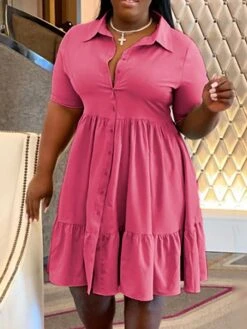 Women‘s Plus Size Curve Shirt Dress Solid Color Shirt Collar Ruffle Half Sleeve Spring Summer Casual Knee Length Dress Daily Holiday Dress -HAYz Clothing Shop fibufy1656491039229