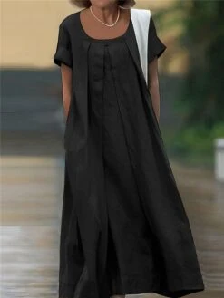 Women's Casual Dress Cotton Linen Dress Maxi Long Dress Polyester Basic Classic Outdoor Daily Vacation Crew Neck Ruched Pocket Short Sleeve Summer Spring 2023 Loose Fit Black Yellow Pink Plain M L XL -HAYz Clothing Shop fikdvi1691067924818