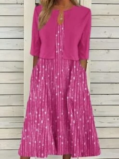 Women's Two Piece Dress Set Casual Dress Tank Dress Outdoor Daily Fashion Modern Pocket Print Midi Dress V Neck Half Sleeve Graphic Regular Fit Pink Blue Gray Summer Spring S M L XL XXL -HAYz Clothing Shop fipbqk1680486105153