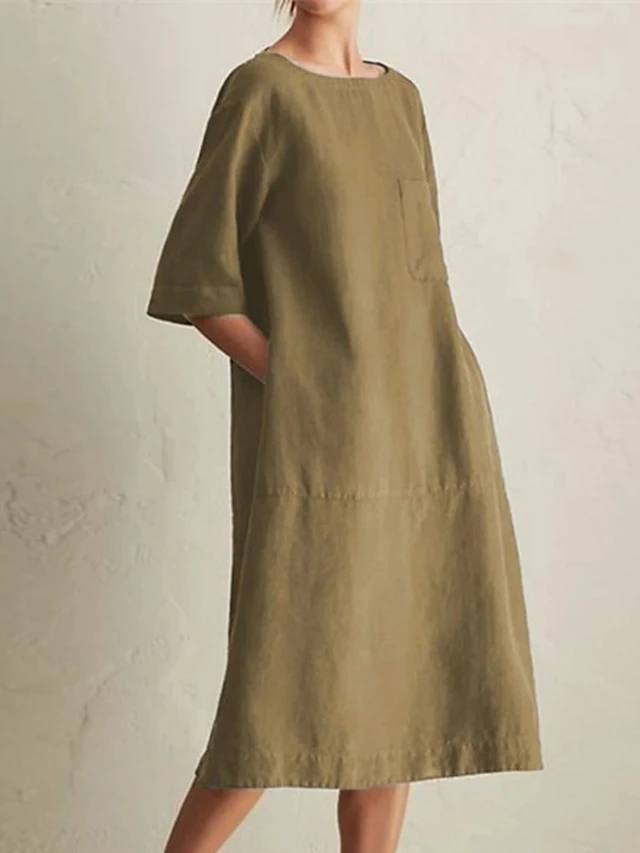 Women's Cotton Linen Dress Casual Dress Shift Dress Maxi Long Dress Cotton Blend Casual Daily Holiday Vacation Crew Neck Pocket Contrast Stitching Half Sleeve Summer Spring 2023 Loose Fit Black Wine 3 Women's Cotton Linen Dress Casual Dress Shift Dress Maxi Long Dress Cotton Blend Casual Daily Holiday Vacation Crew Neck Pocket Contrast Stitching Half Sleeve Summer Spring 2023 Loose Fit Black Wine - Image 3