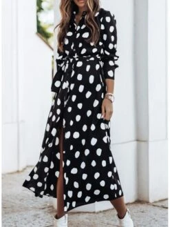 Women's Sheath Dress Midi Dress Black Yellow Light Brown Long Sleeve Polka Dot Split Winter Fall Autumn Shirt Collar Winter Dress Fall Dress Loose Fit S M L XL XXL -HAYz Clothing Shop fiwrfr1616744408148