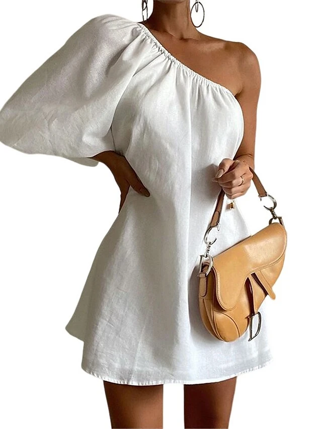 Women's Casual Dress Cotton Linen Dress White Dress Mini Dress Linen / Cotton Blend Basic Classic Outdoor Daily Vacation One Shoulder Basic Long Sleeve Summer Spring Fall 2023 Regular Fit Black White 2 Women's Casual Dress Cotton Linen Dress White Dress Mini Dress Linen / Cotton Blend Basic Classic Outdoor Daily Vacation One Shoulder Basic Long Sleeve Summer Spring Fall 2023 Regular Fit Black White - Image 2