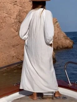 Women's Casual Dress Cotton Dress Shift Dress Maxi Long Dress Cotton Fashion Daily Outdoor Daily Vacation Stand Collar Button Pocket 3/4 Length Sleeve Fall Autumn 2023 Loose Fit White Plain S M L XL 5 Women's Casual Dress Cotton Dress Shift Dress Maxi Long Dress Cotton Fashion Daily Outdoor Daily Vacation Stand Collar Button Pocket 3/4 Length Sleeve Fall Autumn 2023 Loose Fit White Plain S M L XL -HAYz Clothing Shop fizkxe1692956029997