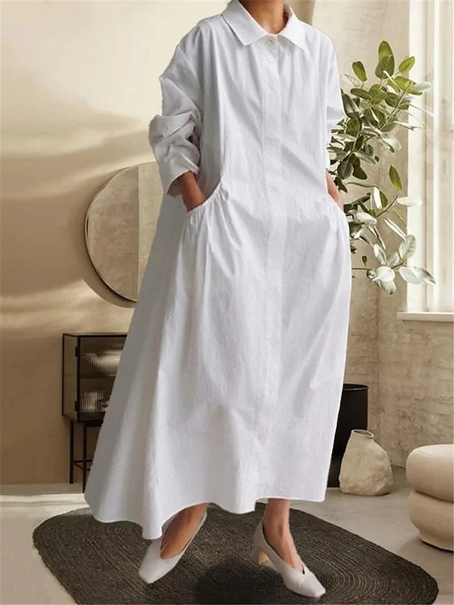 Women's Shirt Dress Casual Dress Cotton Linen Dress Maxi Long Dress Linen / Cotton Blend Basic Classic Outdoor Daily Vacation Shirt Collar Button Pocket Long Sleeve Spring Fall Winter 2023 Loose Fit 1 Women's Shirt Dress Casual Dress Cotton Linen Dress Maxi Long Dress Linen / Cotton Blend Basic Classic Outdoor Daily Vacation Shirt Collar Button Pocket Long Sleeve Spring Fall Winter 2023 Loose Fit