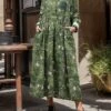 Women's Casual Dress Cotton Linen Dress Swing Dress Maxi Long Dress Linen Cotton Blend Daily Casual Outdoor Daily Vacation Split Neck Button Print Long Sleeve Spring Fall Winter 2023 Loose Fit Wine