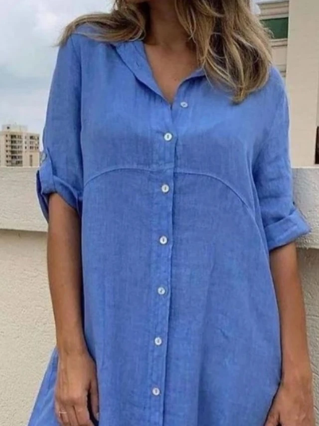 Women's Casual Dress Cotton Linen Dress Shift Dress Midi Dress Bamboo Fashion Basic Outdoor Daily Vacation V Neck Basic Half Sleeve Summer Spring 2023 Loose Fit Blue Plain S M L XL 2XL 2 Women's Casual Dress Cotton Linen Dress Shift Dress Midi Dress Bamboo Fashion Basic Outdoor Daily Vacation V Neck Basic Half Sleeve Summer Spring 2023 Loose Fit Blue Plain S M L XL 2XL - Image 2